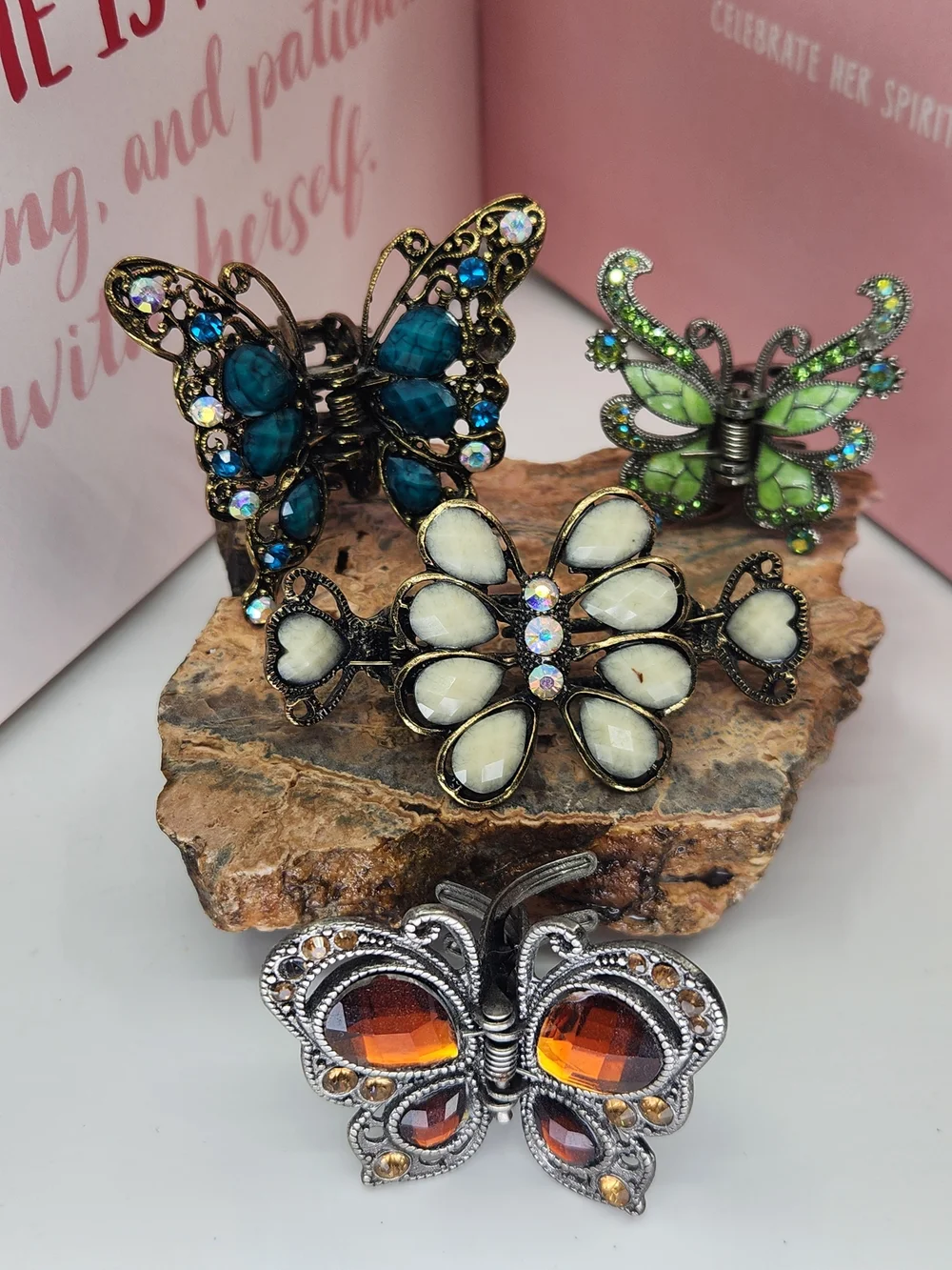 Butterfly Crystal Hair Clips - Blue, Green, Ivory, or Amber